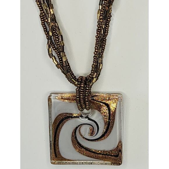 other Jewelry - Art Glass Pendant on Multi Strand Shiny Seed Bead Necklace Bronze Gold Colors
